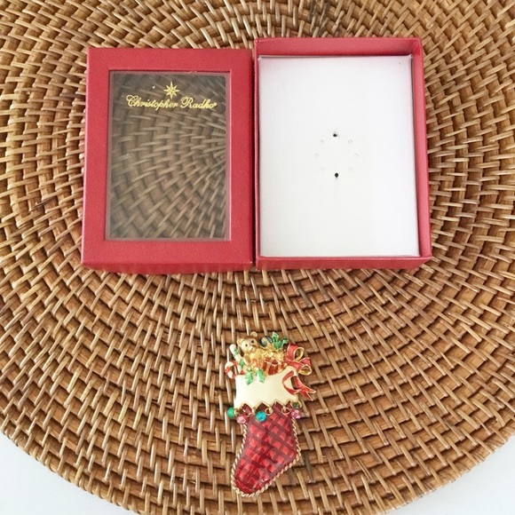 Christopher Radko Pin Christmas Toy Presents Stocking Enamel Red Signed Brooch - Picture 1 of 4